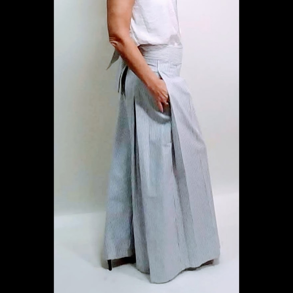 Wide legged pinstriped Pants with waist sash